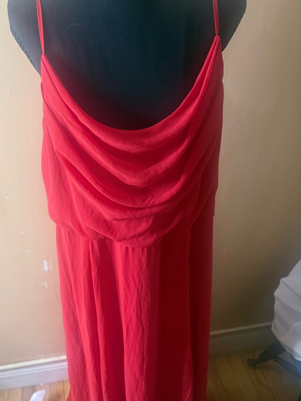 Backless Red Cowl-Back Maxi Dress with Spaghetti Straps